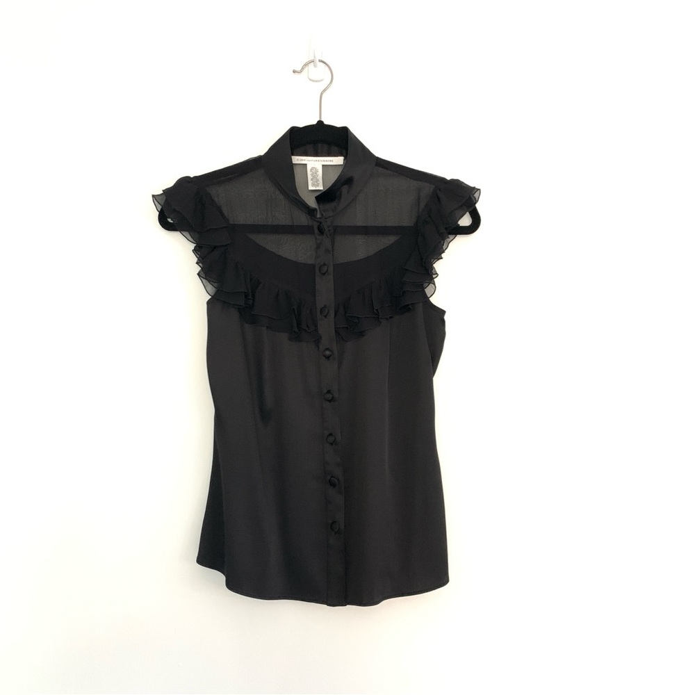 DIANE vonFURSTENBERG Black Silk Sleeveless Button Up Top Ruffle Sheer Whimsigoth
